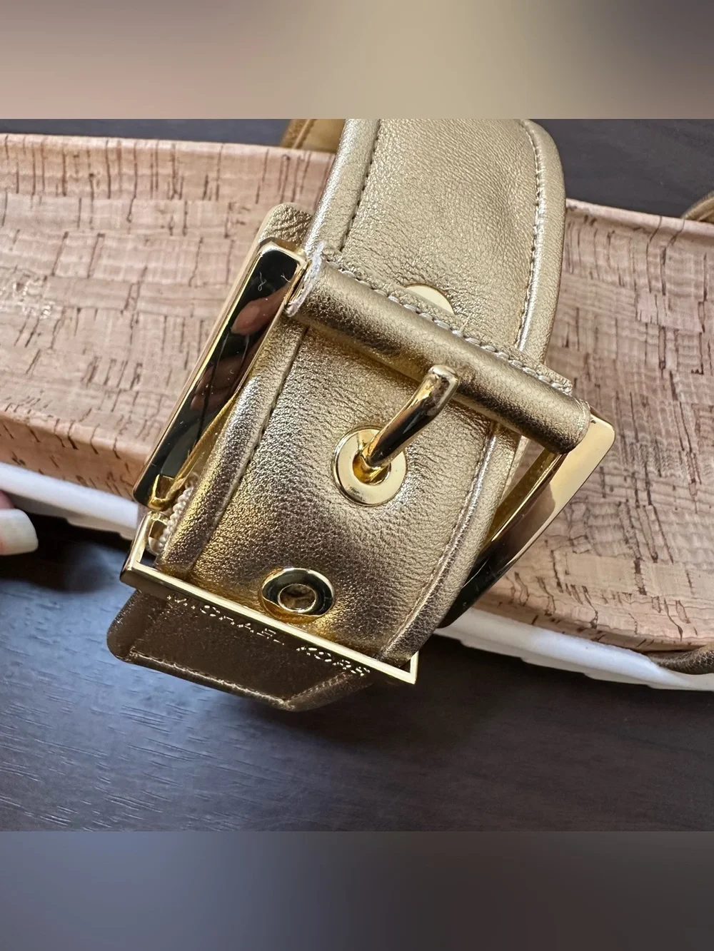 Michael Kors Colby Gold Leather Slide Sandals Buckle Cork Footbed Women's 11